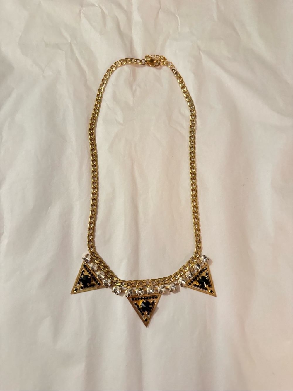 Gold Chain Necklace with Black Triangle Pendants and Crystal Accents